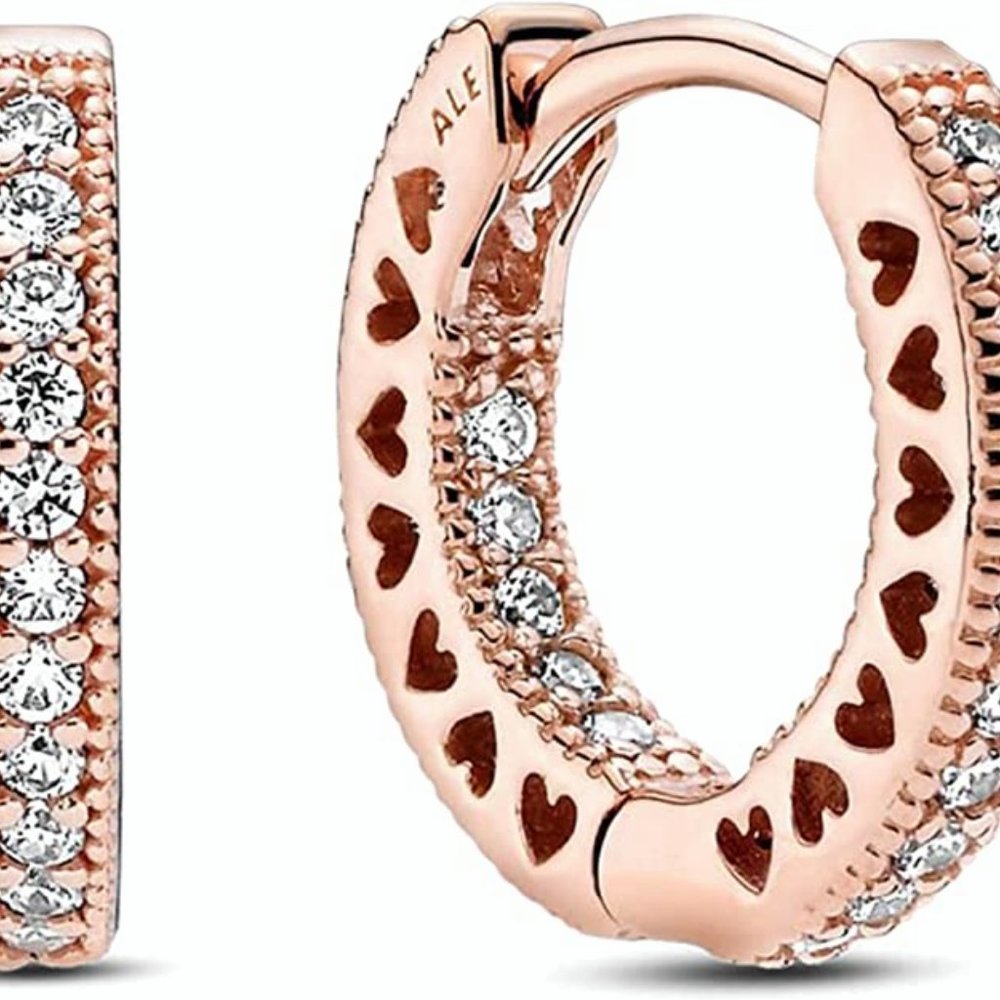 Pandora Pave Heart Earrings in Rose Gold with 14K Rose Gold Plated Alloy and Cub